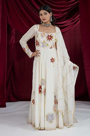 Shahi Safed Embroidered Anarkali With Dupatta