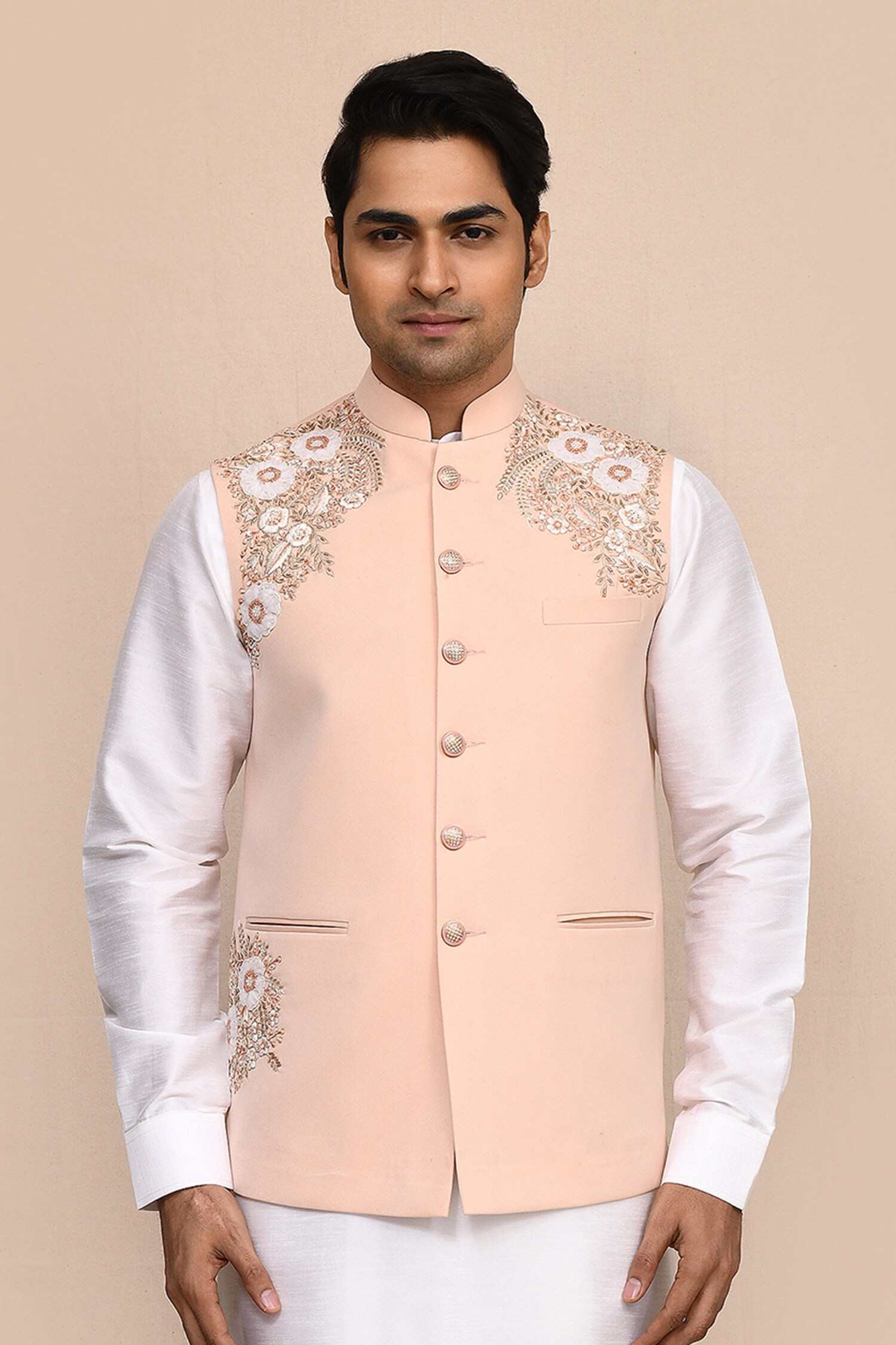 Peach Hand Work Nehru Jacket 