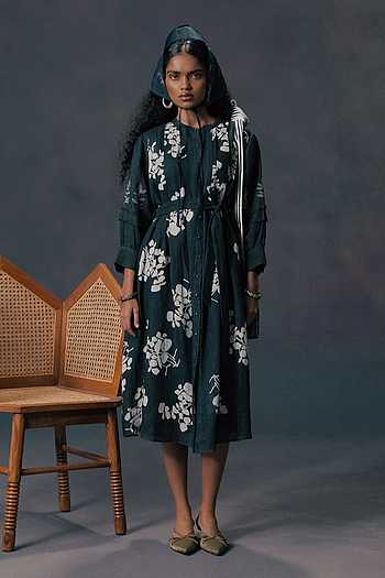 Green Discharge Print Gauze Linen Dress