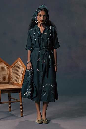 Green Rose Print Linen Dress