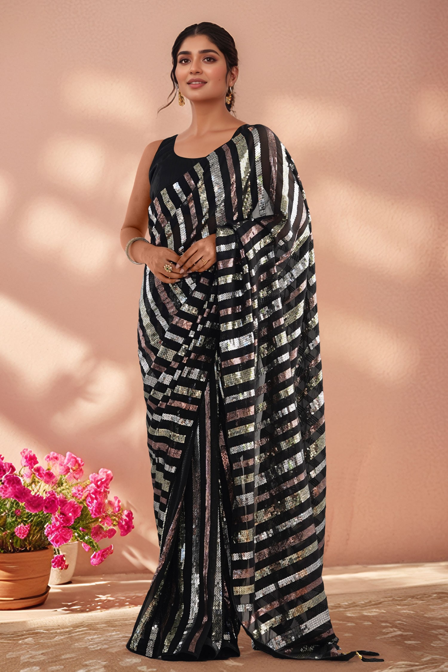 Sequin Embroidered Saree With Unstitched Blouse Piece 