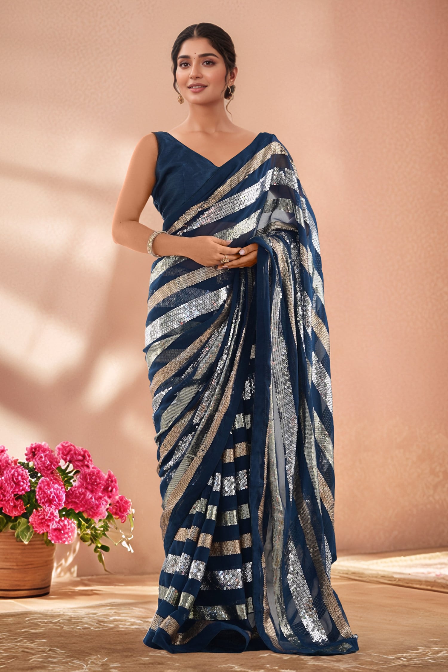 Sequin Embroidered Saree With Unstitched Blouse Piece 