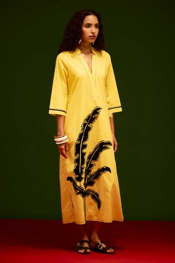 Mango Yellow Leaf Motif Embroidered Dress XS Mango Yellow Leaf Motif Embroidered Dress XS