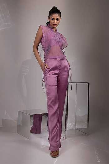 Buy Purple Organza, Modal, Satin Embroidery V-neck Sheer Top With