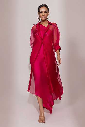 Fuchsia Satin Gown with Sheer Overlay
