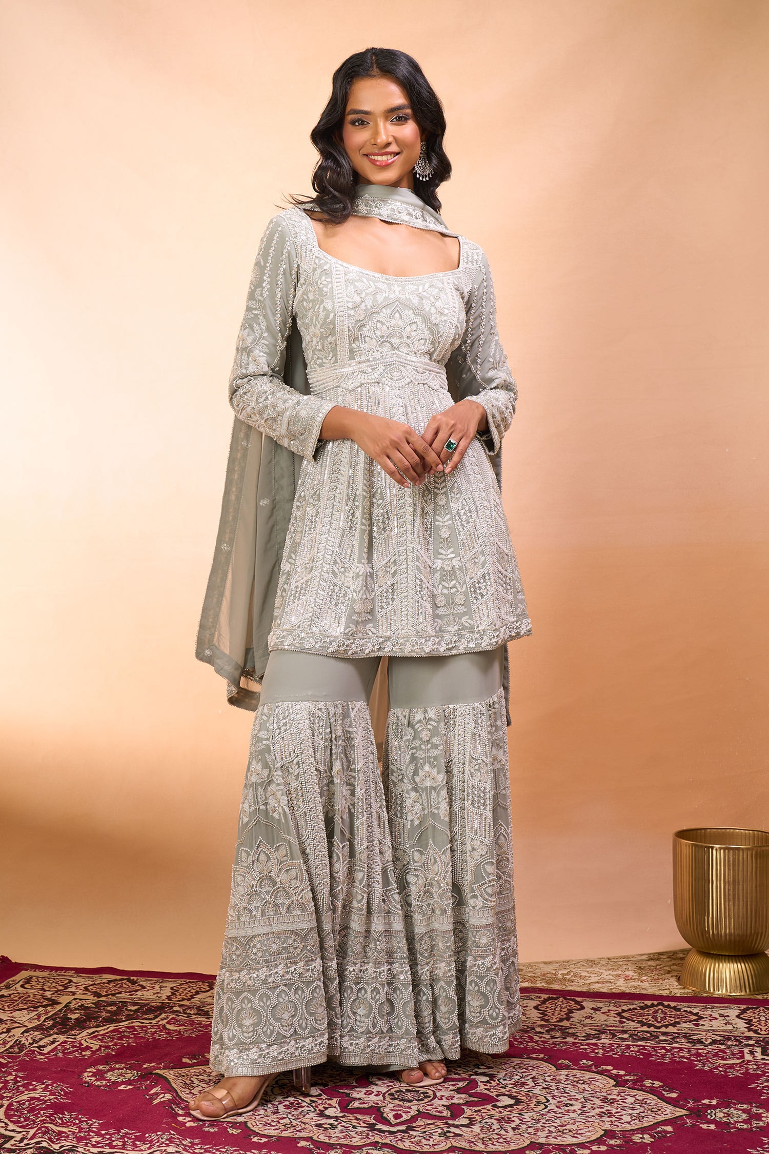 Sea Green Embroidered Kurta Sharara Set 