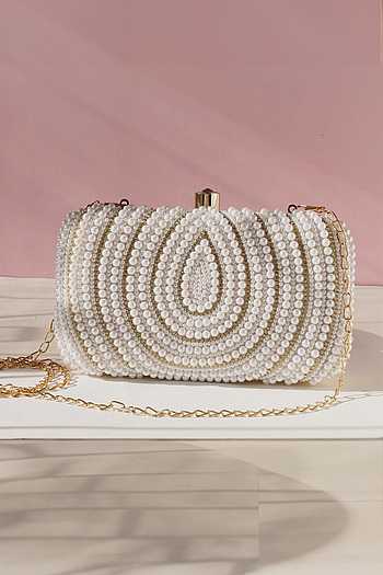 Pearl & Gold Beaded Clutch With Detachable Sling 