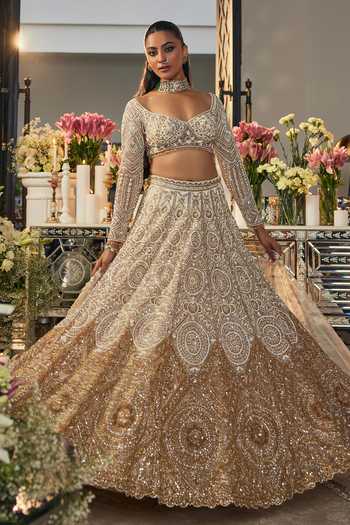 Isa By Dolly Wahal Ivory Net Sequins, Crystals, Pearls, Embroidery, Ombre Gold Bridal Lehenga Set| Aza Fashions Isa By Dolly Wahal Ivory Net Sequins, Crystals, Pearls, Embroidery, Ombre Gold Bridal Lehenga Set| Aza Fashions