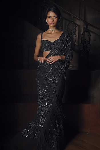 Steel Blue Crystal Saree With Blouse