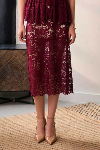 Buy Burgundy Lace, Mesh Studs Collared Opera Peplum Top And Midi Skirt Set  For Women by Label Deepika Nagpal Online at Aza Fashions.