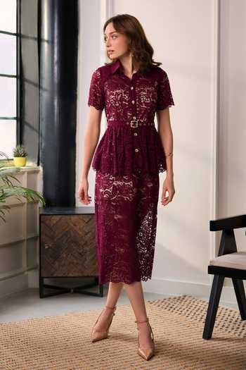 Buy Burgundy Lace, Mesh Studs Collared Opera Peplum Top And Midi Skirt Set  For Women by Label Deepika Nagpal Online at Aza Fashions.