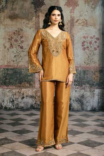 Buy Mustard Tissue, Silk Embroidery, Beads, Sequins, Zari V-neck