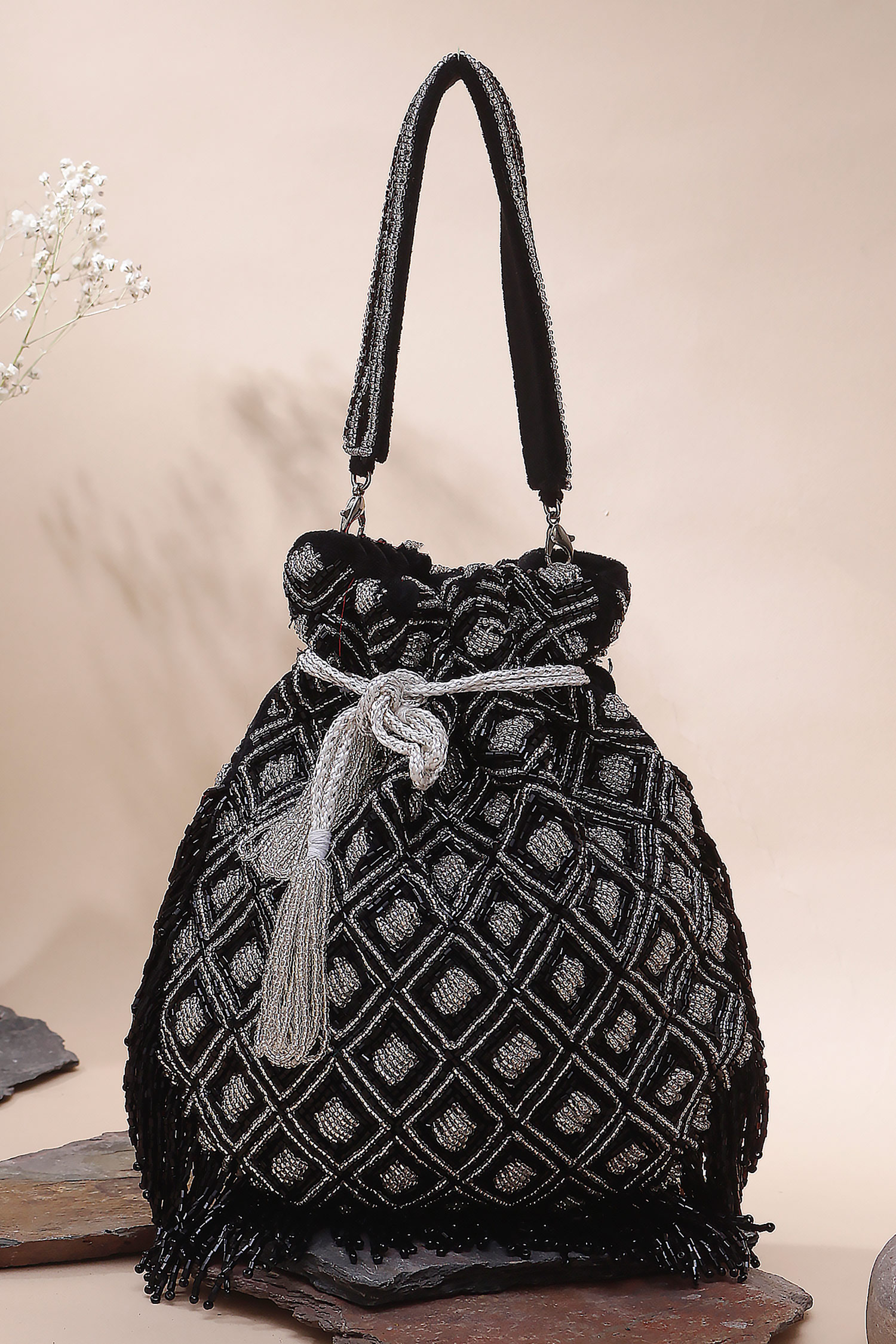 Geometric Beaded Fringe Potli Bag 