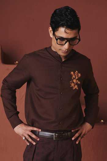 Buy Brown Cotton, Linen Embroidery Coffee Slim Fit Shirt For Men by Saphed  Online at Aza Fashions.