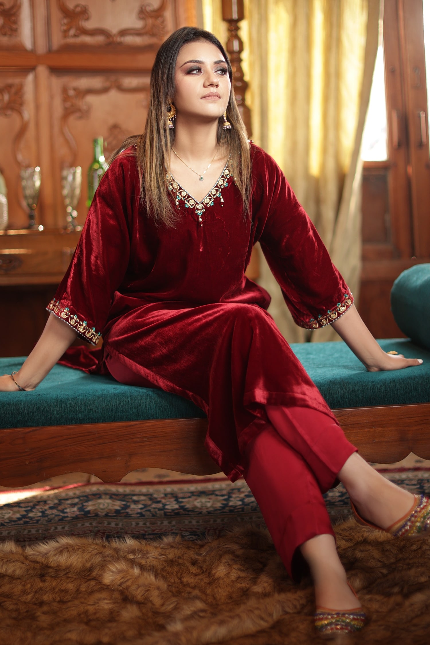 Buy Red Velvet Embroidered Zardozi V Neck Kaftan And Palazzo Set