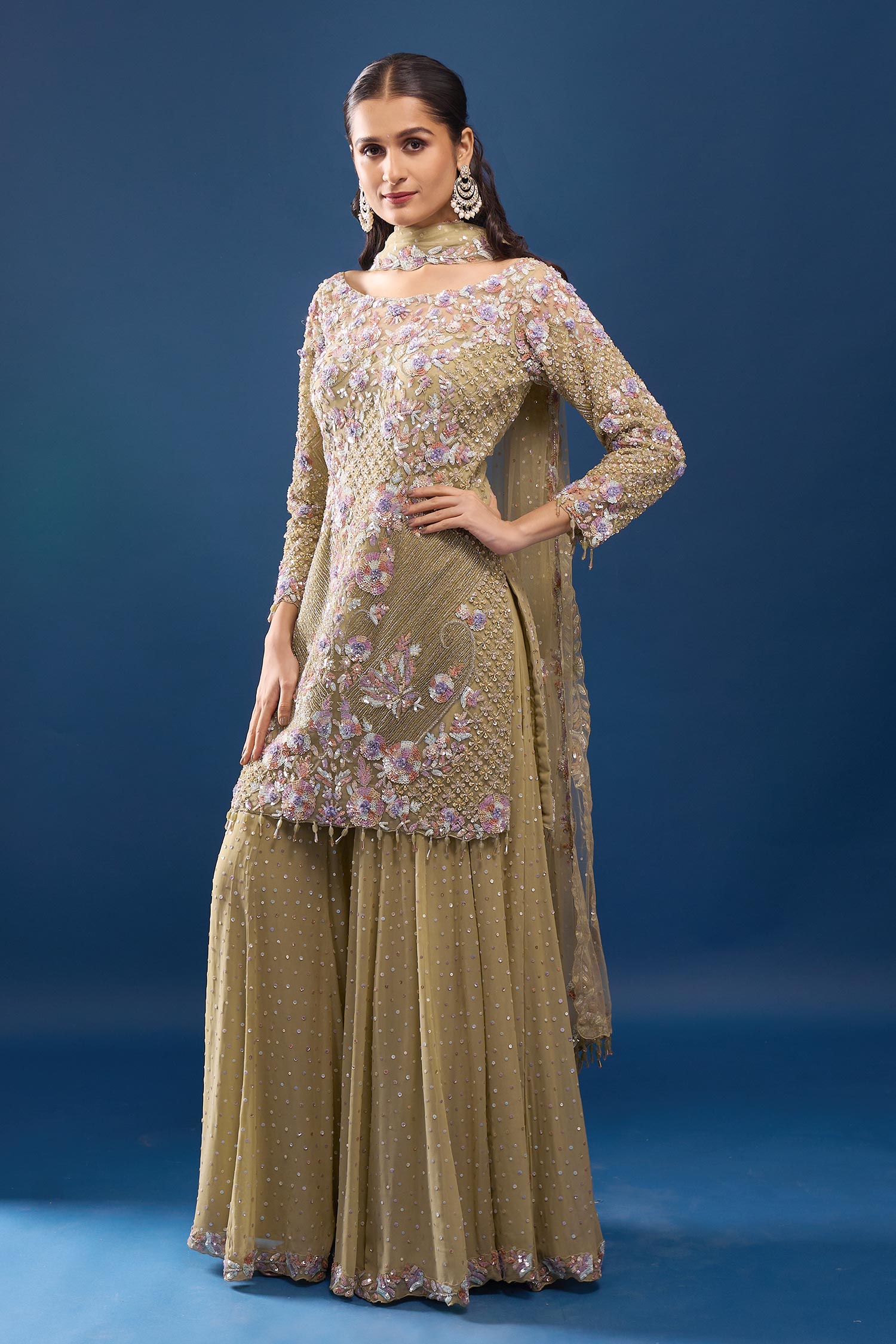 Pista Green Embroidered Kurta Sharara Set 