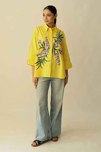 Buy Yellow Cotton Embroidery Collared The Whisper Orchid Shirt For
