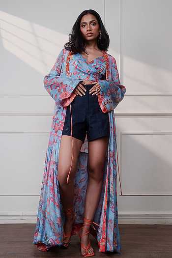 Buy Blue Satin, Chiffon Embroidery V-neck Icy Bloom Wrap Top For