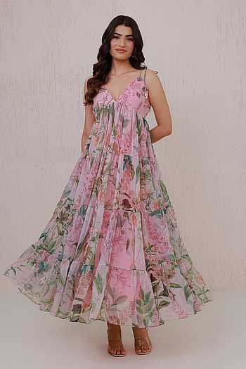 Buy Pink Chiffon V-neck Floral Tiered Maxi Dress For Women by Aroop Shop  India Online at Aza Fashions.