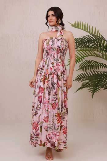 Buy Pink Crepe Ruffles Bandeau Neck Floral Hand Embroidered Smocked Maxi  Dress For Women by Aroop Shop India Online at Aza Fashions.