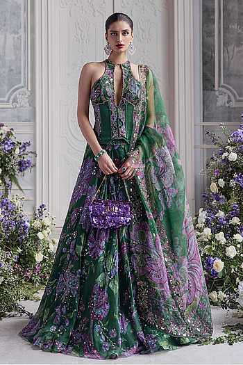 Buy Green Silk Organza Sequins, Embroidery Halter Neck, Zuha