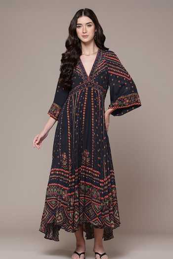 Buy Black Viscose, Crepe Embroidery, Amelia Geometric Print Fit And Flare  Dress For Women by Ritu Kumar Online at Aza Fashions.