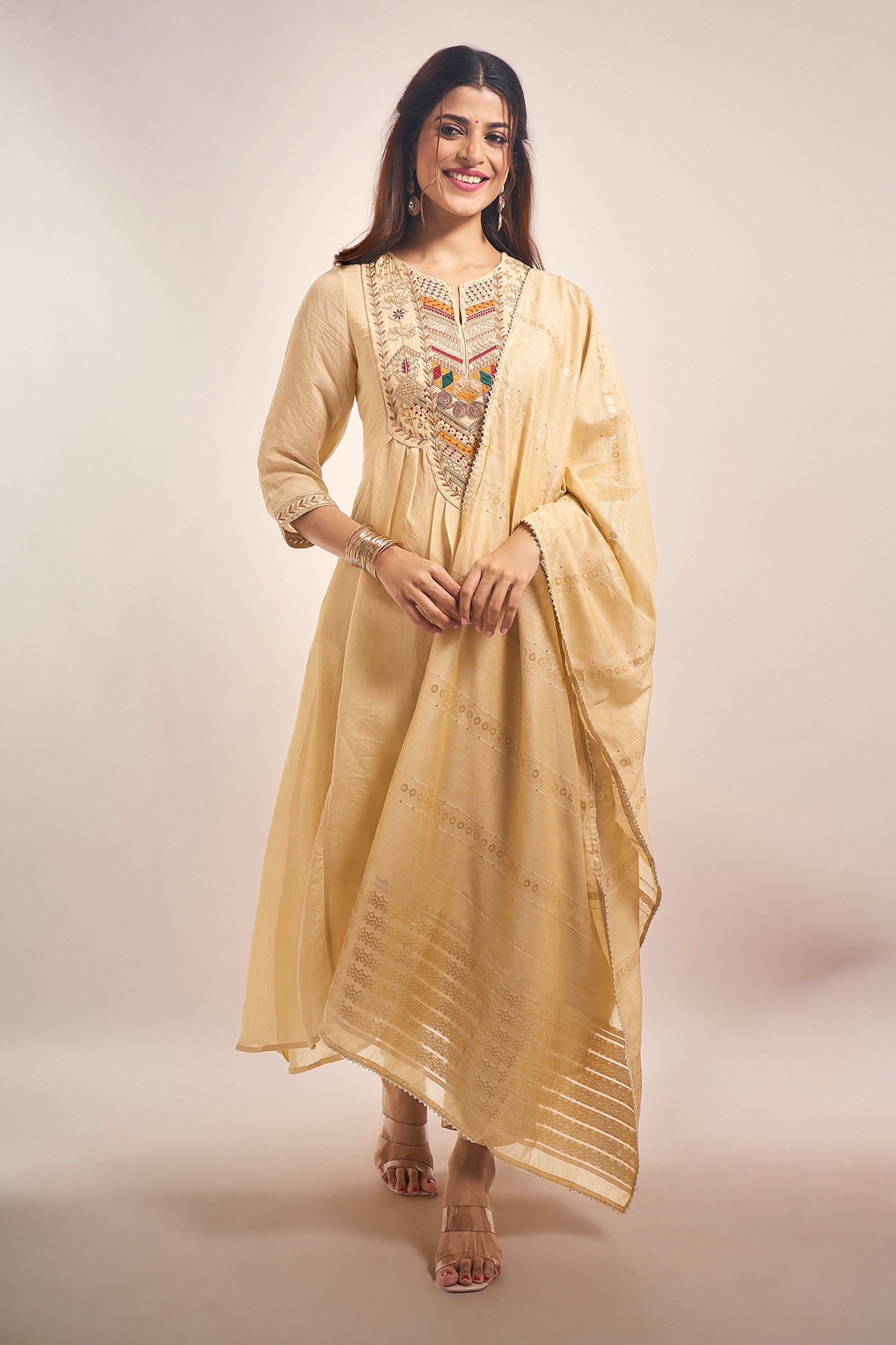 Mul Chanderi Embroidered Anarkali Set 