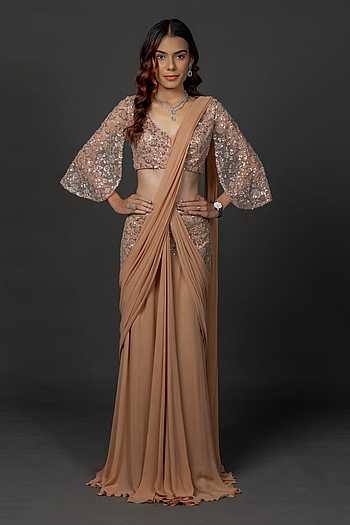 Mocha Gleam Pre-Draped Saree With Blouse