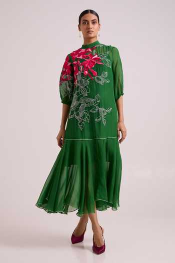 Buy Green Organza, Satin Embroidery High Neck Reine Soft Bloom Dress For  Women by Madder Much Online at Aza Fashions.