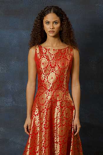 fitted lace wedding dress Valenciani Brittany Flared Camisole Brocade Organza Maxi Dress