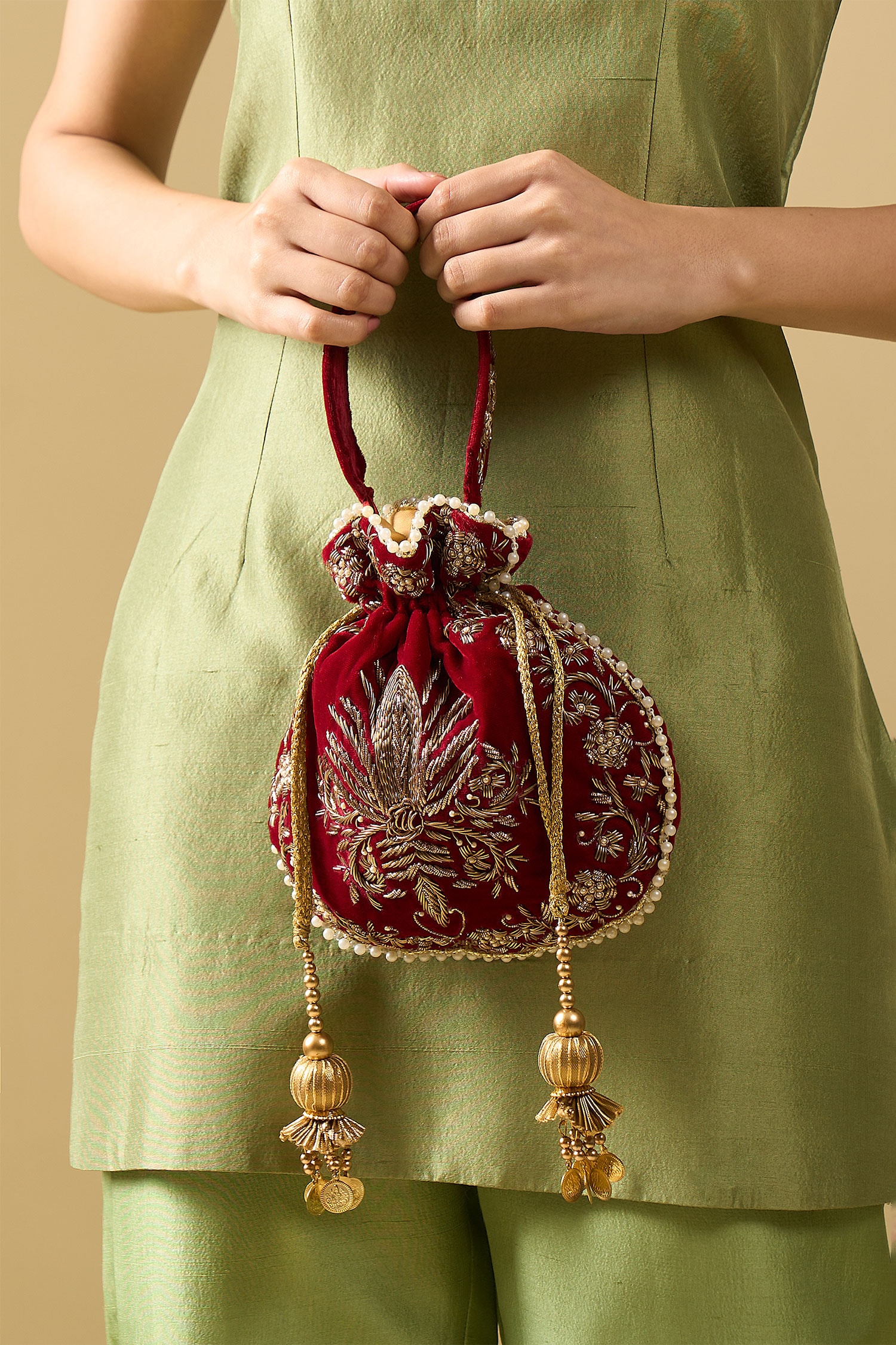 Raas Velvet Silk Zari Embroidered Potli Bag 