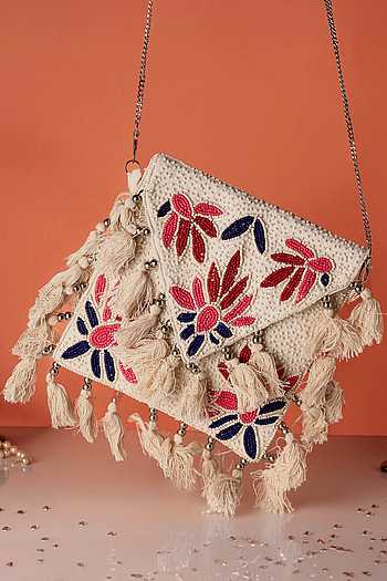 Embroidered Floral Beaded Tassel Boho Bag 