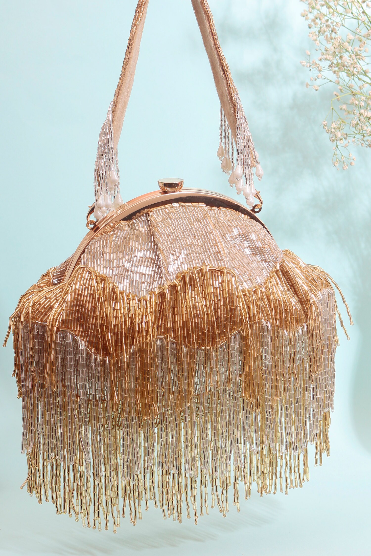 Beaded Fringe Batua Bag with Detachable Handle 