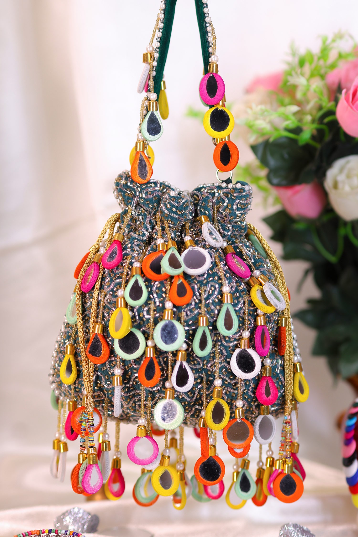 Embellished Potli Bag with Mirror & Bead Drops 