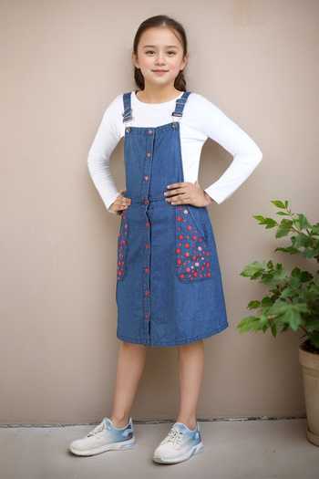 Buy Blue Denim Embroidery Cotton Dungaree Dress For Girls by Petite Pomme  Online at Aza Fashions in US