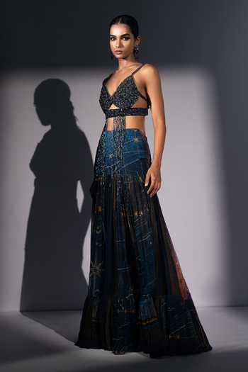 Buy Blue Georgette Galaxy Print Pleated Flare Skirt For Women by