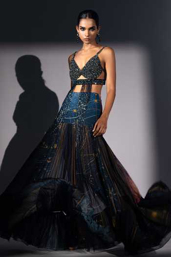 Buy Blue Georgette Galaxy Print Pleated Flare Skirt For Women by