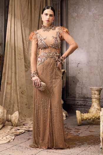 Rocky Star Gold Net Beads, Sequins, Feathers High Neck Embellished Sheer Gown| Aza Fashions