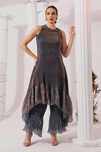Metallic Steel Blue High Neck Kurta Set