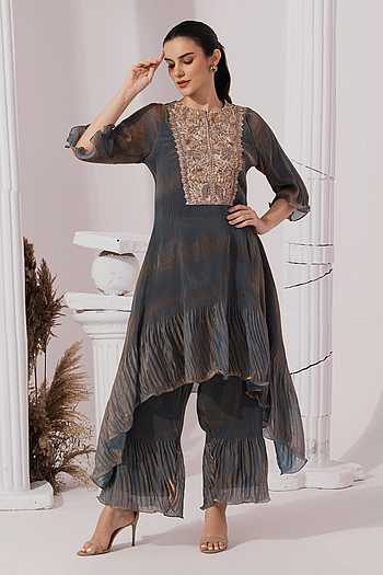 Metallic Steel Blue Kurta & Sharara Set