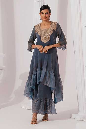 Metallic Steel Blue Kurta With Sharara