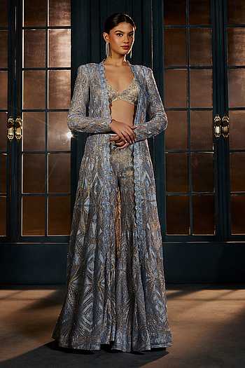 Buy Ivory Crepe, Georgette, Net Crystals, Bella Floral Jacket