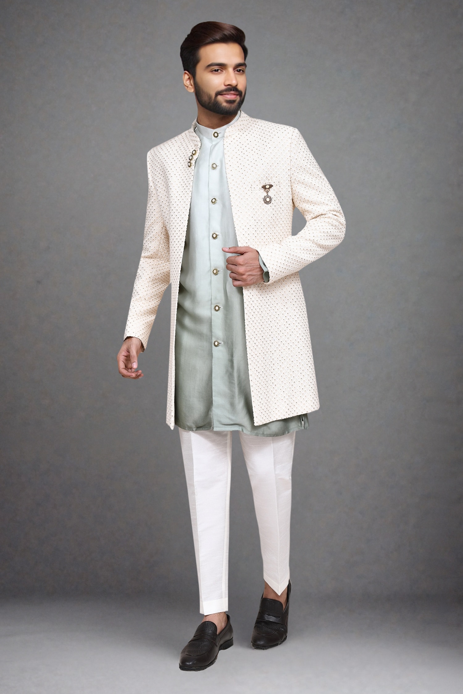Dotted Swiss Sequin Sherwani Kurta & Pant Set 