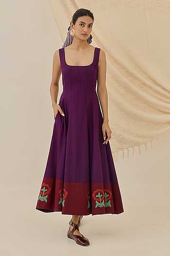 Buy Purple Cotton Applique Square Neck Morni Floral Midi Dress For