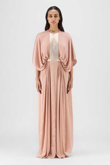 Buy Rose Gold Chiffon, Polyester Metallic Thread Round Neck Pleated Layered  Dress For Women by Amit Aggarwal Online at Aza Fashions