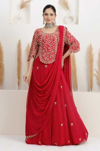 white christmas dresses Crystal Embellished Red Pre-Draped Saree Set with 3D Floral Blouse & Side Strap Design Red / M / 3 Days main image 1
