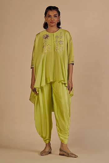 Chanderi Embroidered Asymmetric Top & Draped Pant