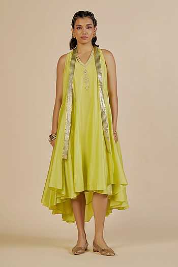 Chanderi Embroidered Tiered Midi Dress