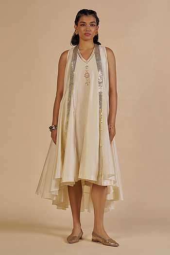 Chanderi Embroidered Midi Dress With Sequin