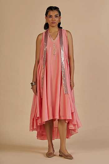 Chanderi Embroidered Midi Dress With Sequin Detail